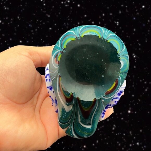 Art Glass Owl Figurine Paperweight Pulled Feather Glass Cased Bird Blue Fritz - Picture 5 of 14